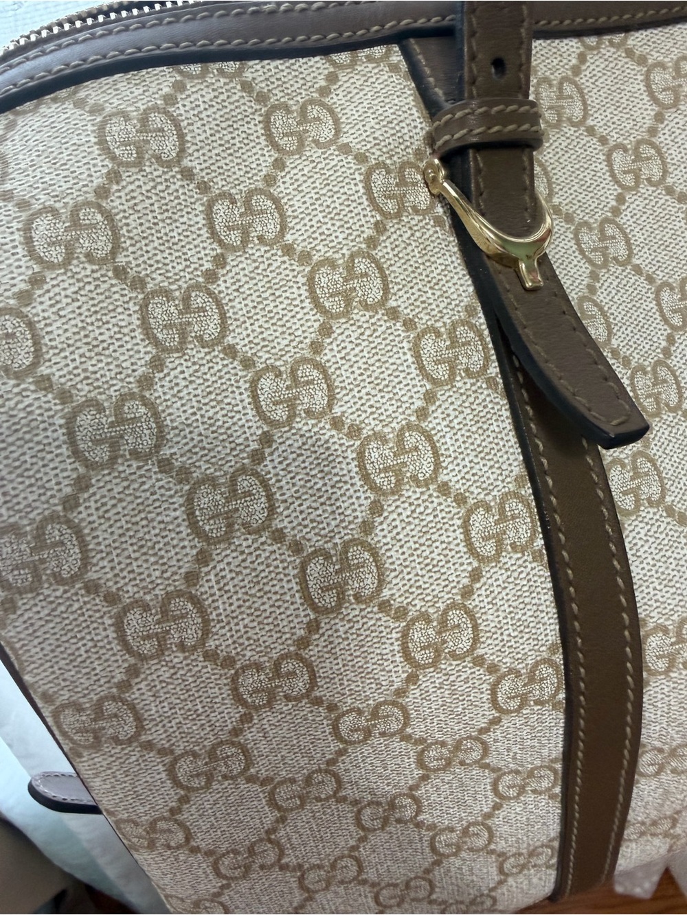 Rare !! Gucci Beige GG supreme canvas boston bag with Brown Leather Trim - Picture 2 of 16